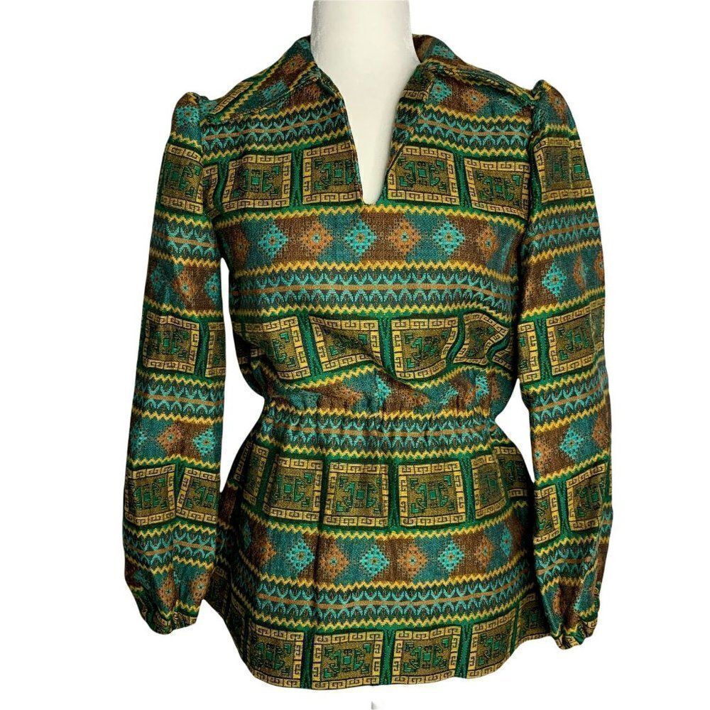Vintage Handmade Tapestry Tunic Top S Southwestern Aztec V Neck Elastic Waist